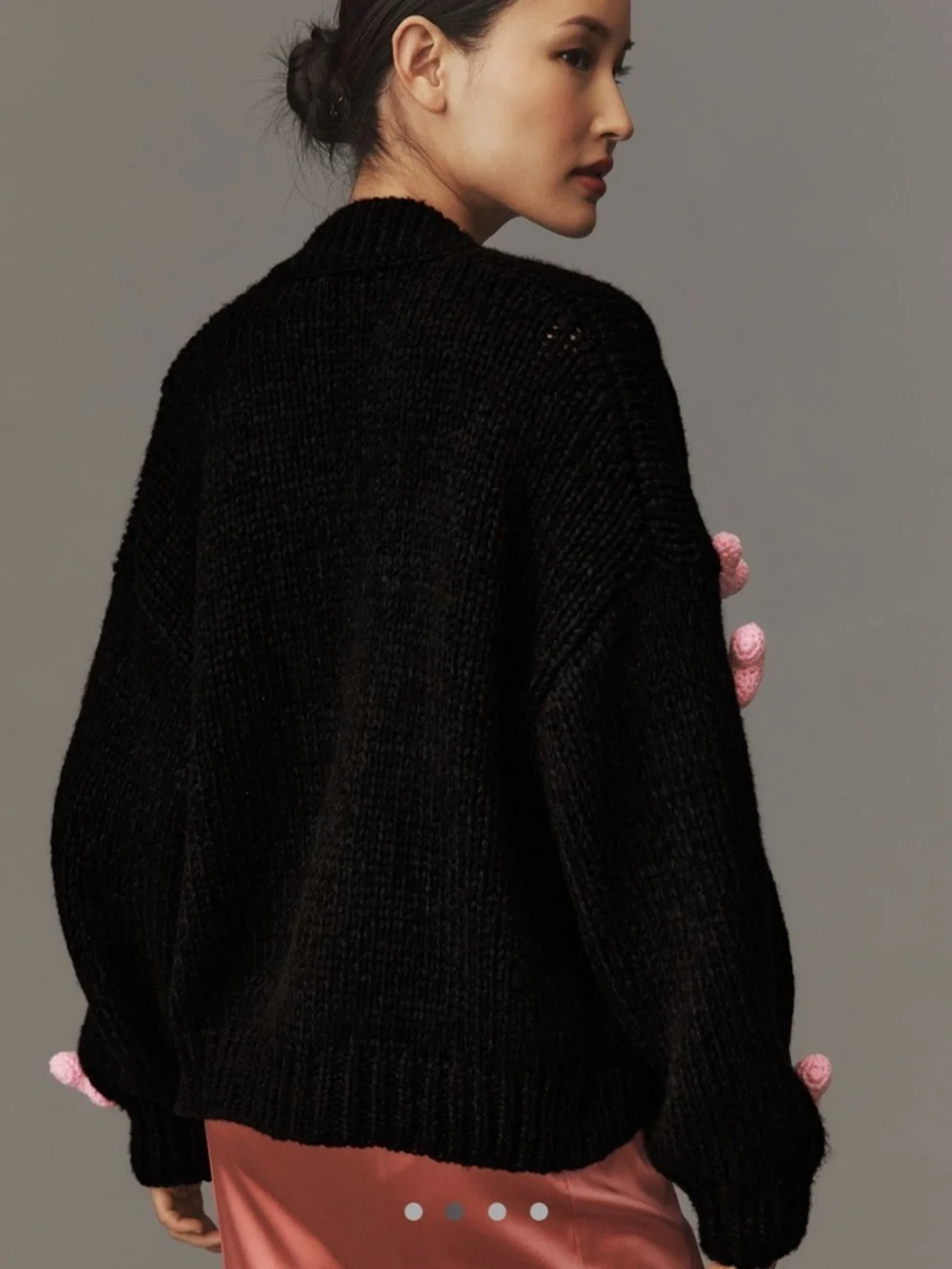 Anthropologie Maeve Susanah 3D Black Cardigan with Pink Heart Appliqués One Size